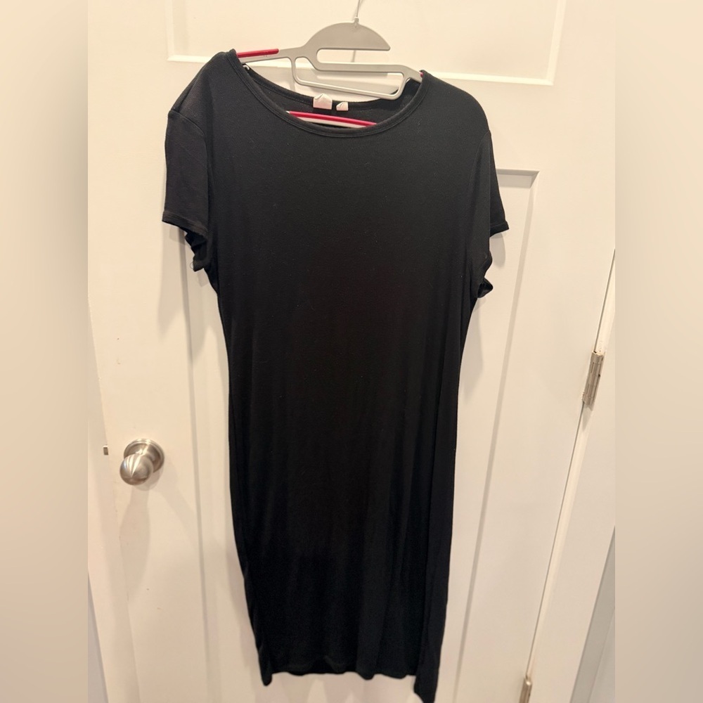 GAP Black Ribbed Knit Midi Dress Short Sleeve Scoop Neck Size L